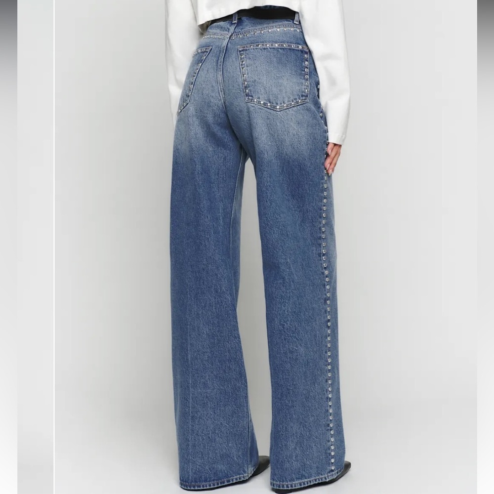NWT Reformation Cary High Rise Slouchy Wide Leg Jeans Chesapeake Studded Blue - Picture 2 of 6